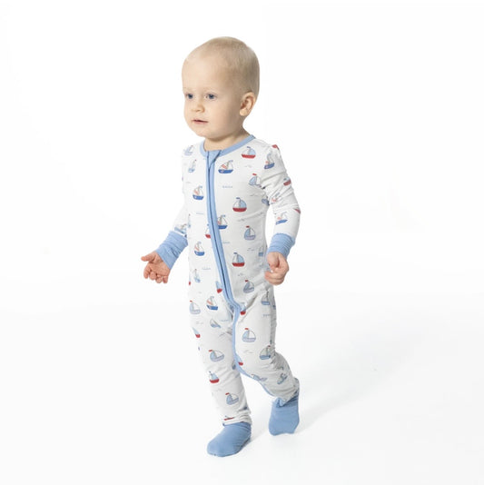 2-Way Zip Bamboo Romper Blue Sailboats
