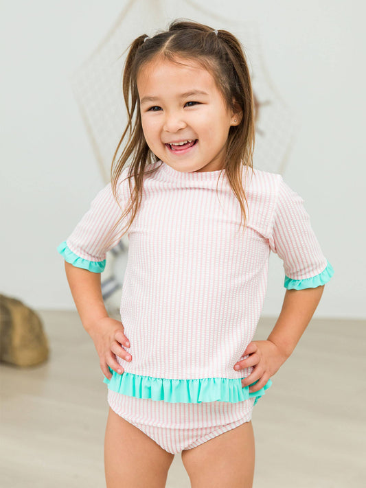 Pink Seersucker Short Sleeve Rash Guard 2-Piece