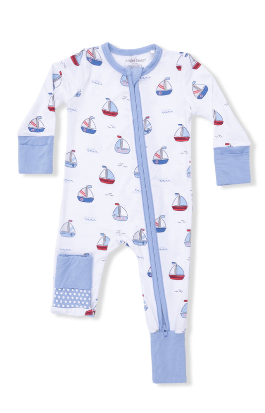 2-Way Zip Bamboo Romper Blue Sailboats