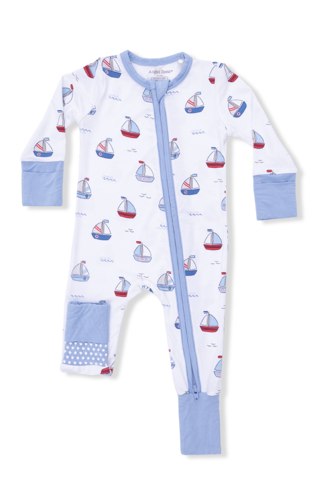 2-Way Zip Bamboo Romper Blue Sailboats