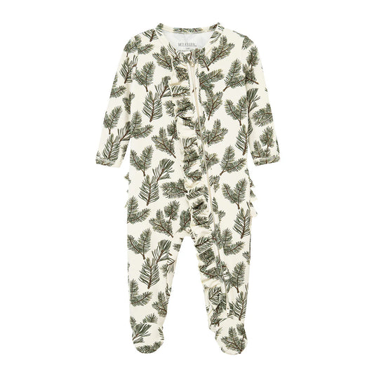 Pine Brushed Ruffle Footed Romper