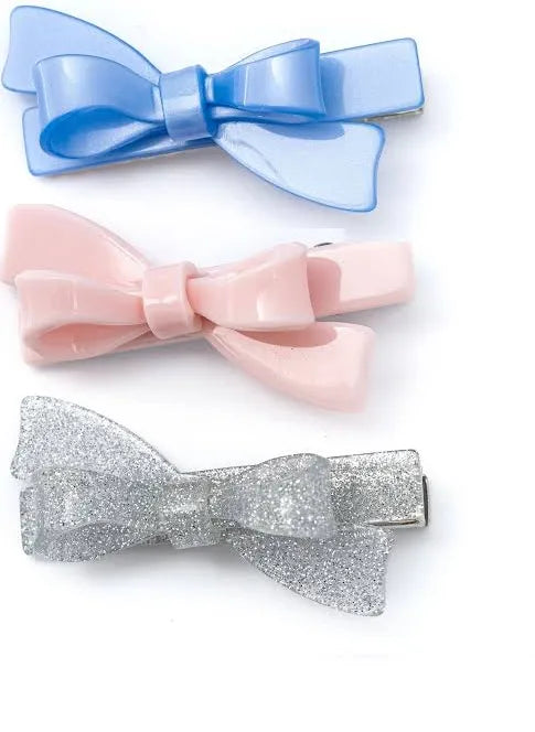Bows Glitter Silver/Satin/Blue Trio Clips