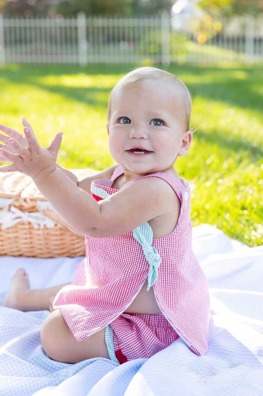 Check Seersucker Dress & Bloomer With Watermelon