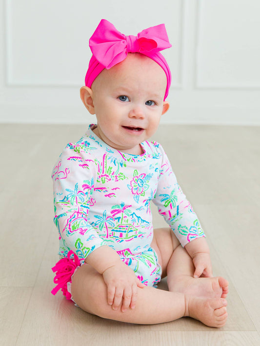 Baby Girls Tropical Resort Long Sleeve One Piece Rash Guard Swimsuit with Signature Rear Ruffles