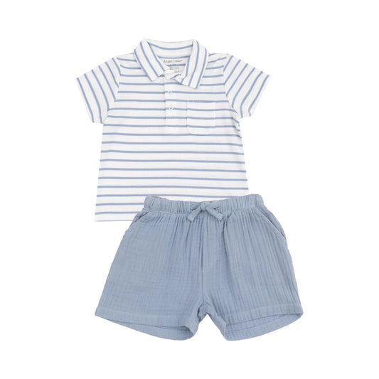 Bamboo Polo Shirt and Muslin Short Dusty Blue