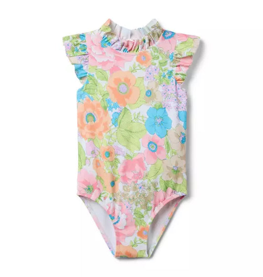 Recycled Floral Ruffle Collar Swimsuit
