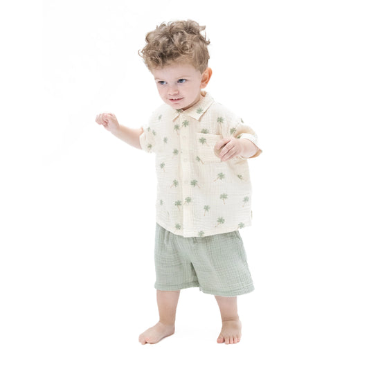 Organic Muslin Polo/Short Set- Palm Trees