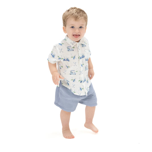 Organic Muslin Polo/Short Set- Blue Golf