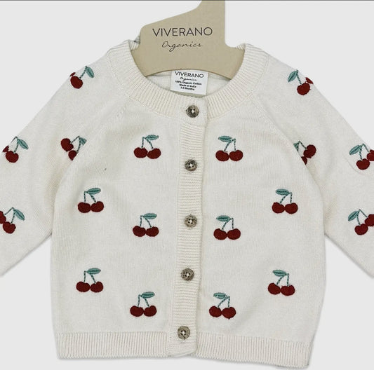 Organic Cotton Cherry Embroidered Knit Cardigan