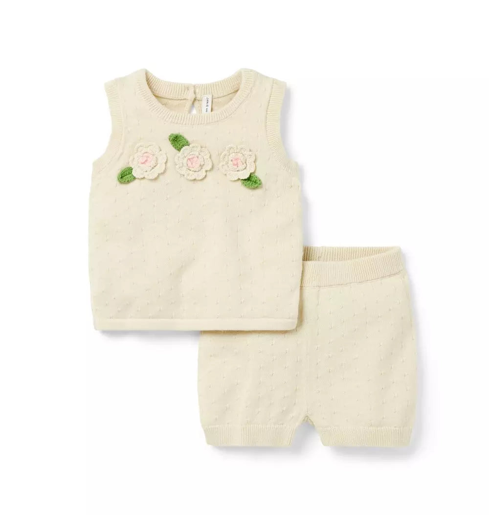 Cream 3D Flower Short Set