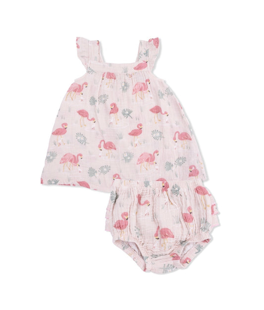 Organic Cotton Muslin Dress Set- Flamingo