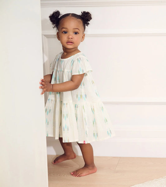 Blue Feathers Woven Puff Dress