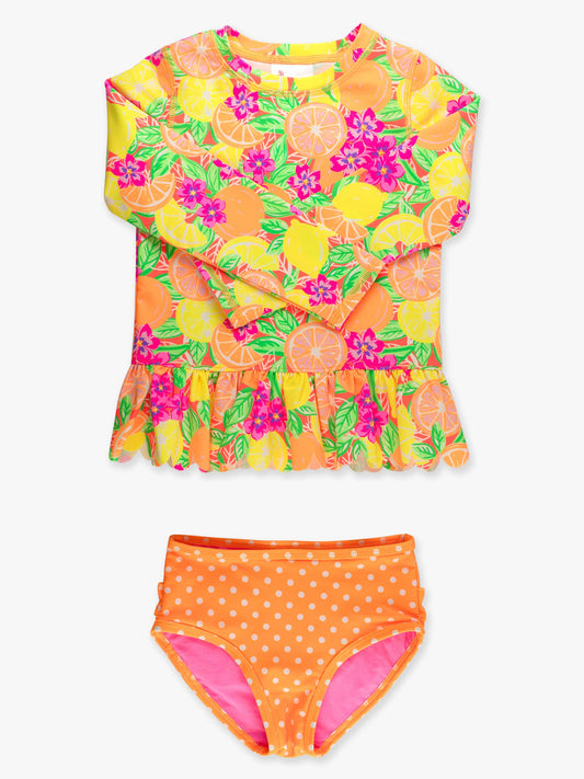 Girls Neon Squeeze the Day Scallop Hem Long Sleeve Rash Guard 2-Piece Swimsuit with Signature Rear Ruffles