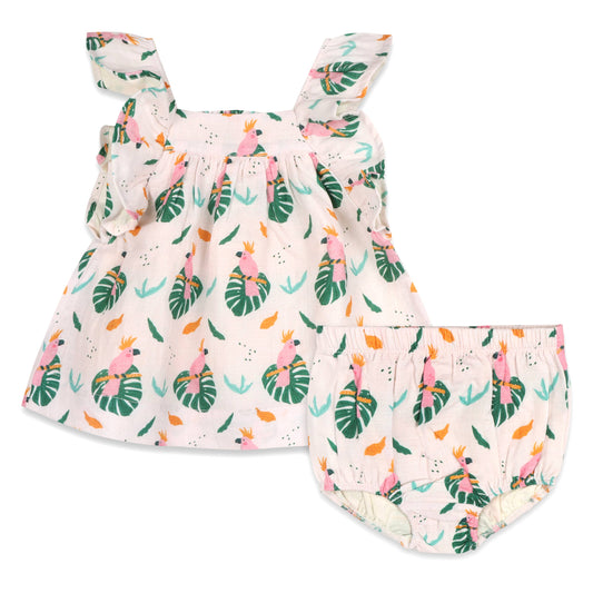 Organic Muslin Parrot Ruffle Sleeve Baby Dress/Bloomer