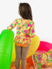 Girls Neon Squeeze the Day Scallop Hem Long Sleeve Rash Guard 2-Piece Swimsuit with Signature Rear Ruffles