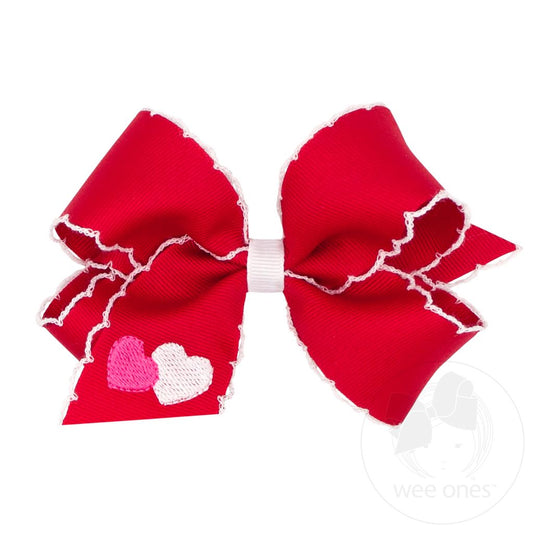 Heart Embroidered Grosgrain Hair Bow with Moonstitch Edge