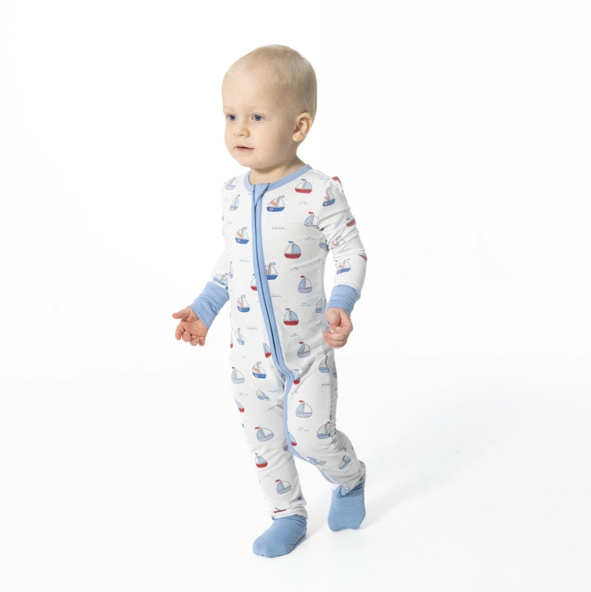 2-Way Zip Bamboo Romper Blue Sailboats