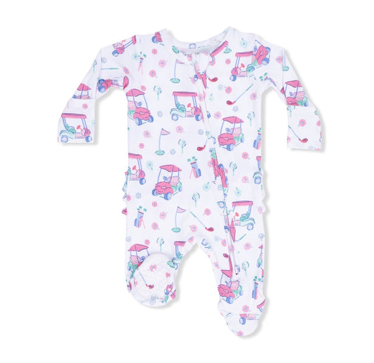 Bamboo Ruffle Footie- Pink Golf Carts