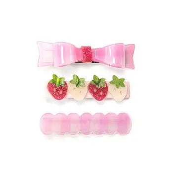 Lilies & Roses Hair Clips/Pink Checked Bow + Strawberries