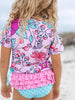 Bright Pink & Teal Floral Rash Guard Ruffle Swimsuit