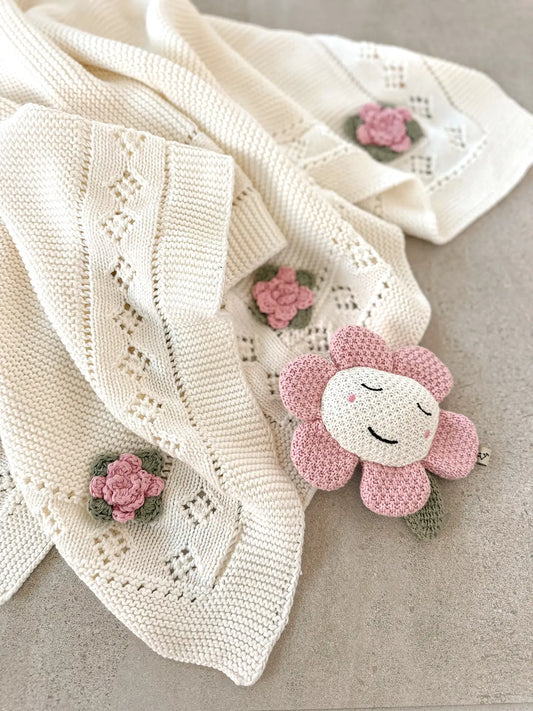 Flower Pointelle Knit Baby Blanket & Flower Rattle Toy Gift Set