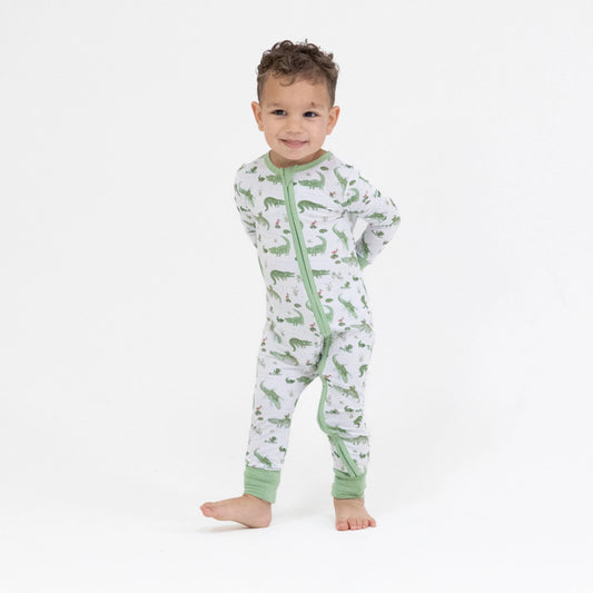 2-Way Zip Bamboo Romper- Crayon Alligator