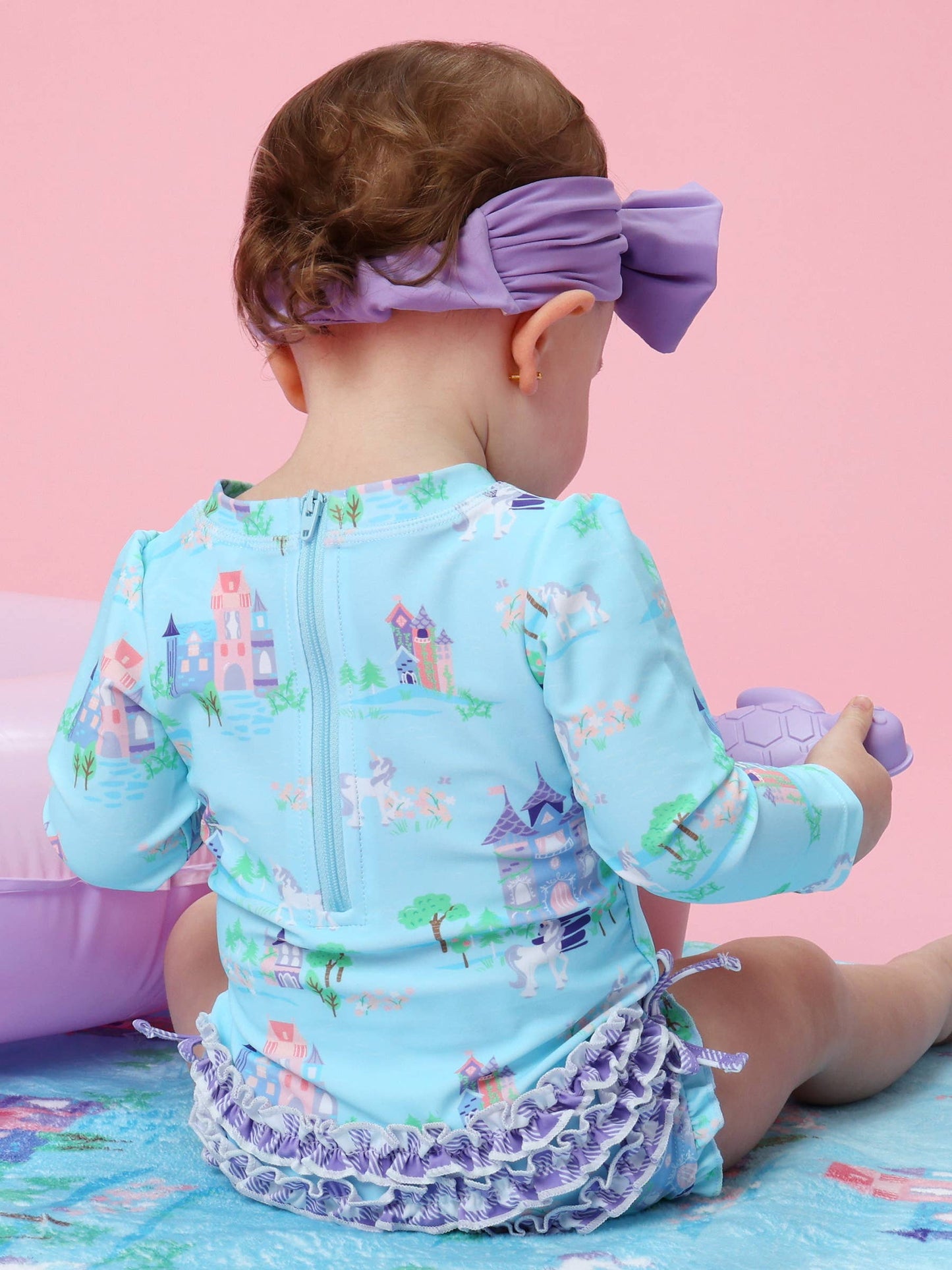 Baby Girls Once Upon a Castle Long Sleeve One Piece Rash Guard Swimsuit with Signature Rear Ruffles