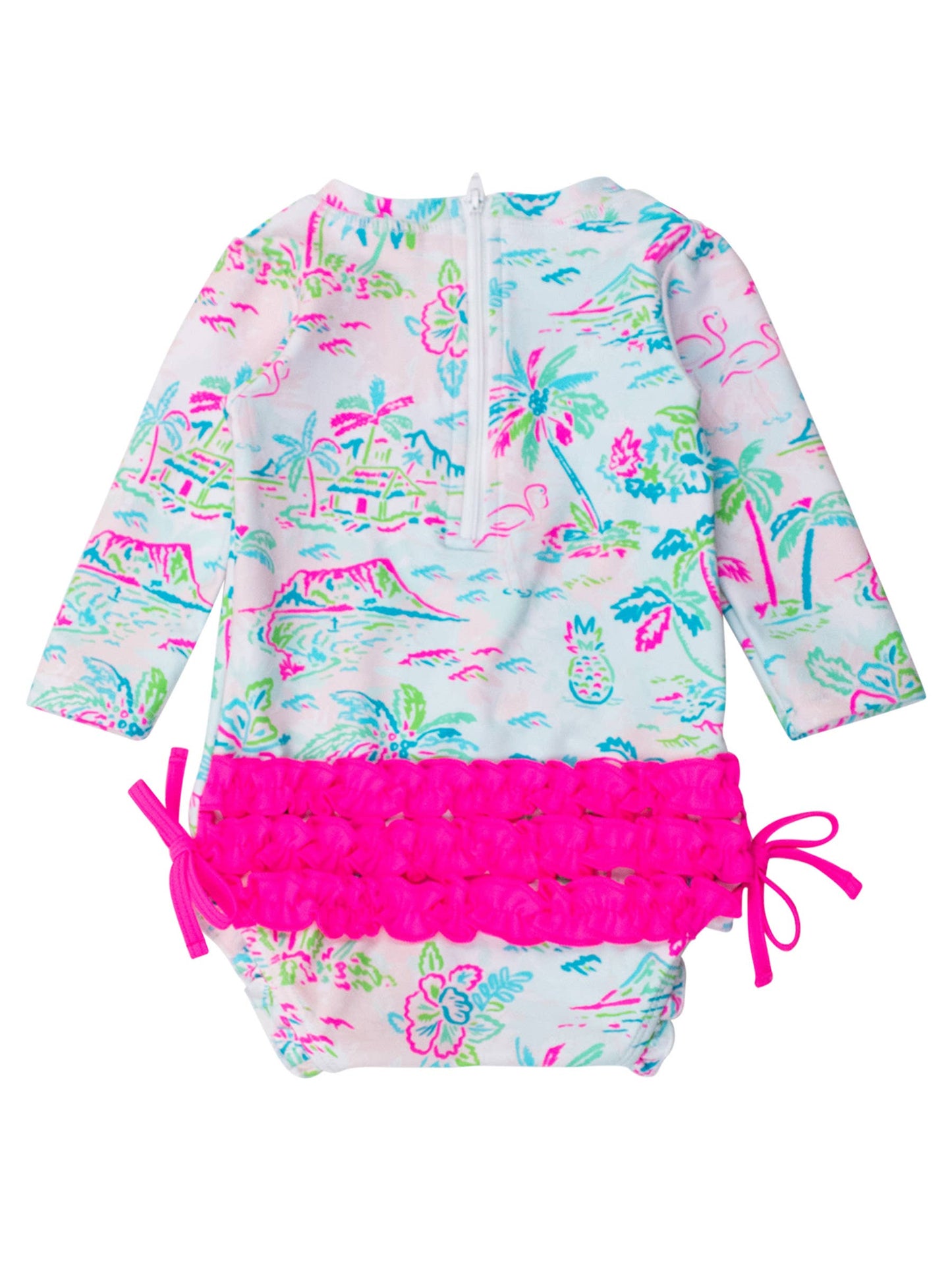 Baby Girls Tropical Resort Long Sleeve One Piece Rash Guard Swimsuit with Signature Rear Ruffles