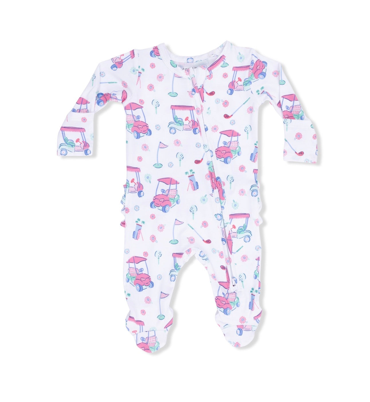 Bamboo Ruffle Footie- Pink Golf Carts