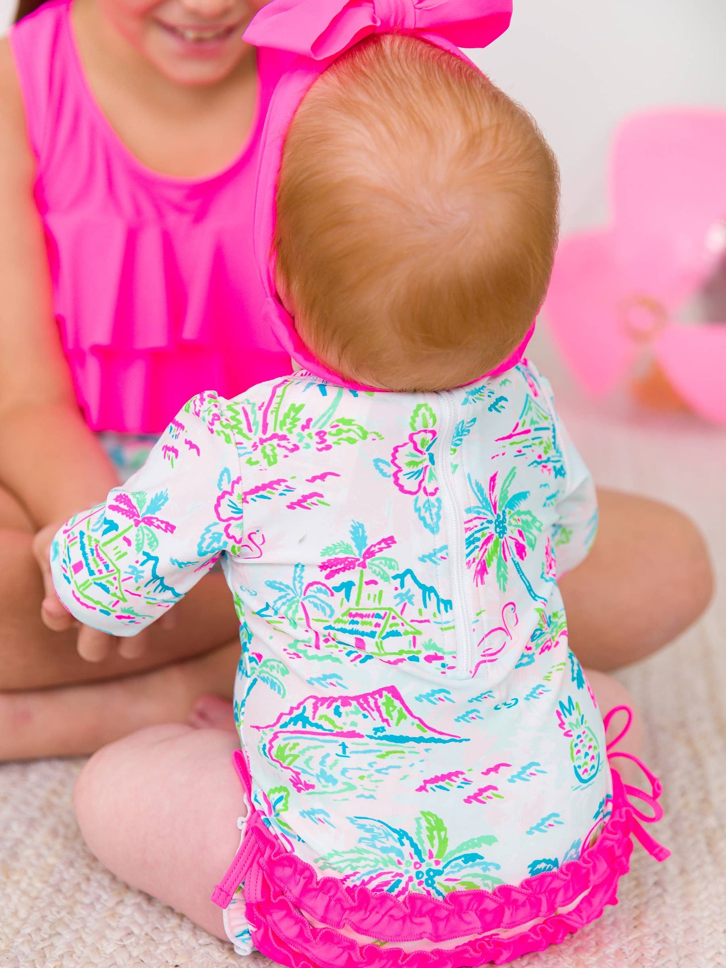 Baby Girls Tropical Resort Long Sleeve One Piece Rash Guard Swimsuit with Signature Rear Ruffles