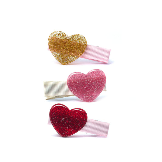 Baby Hearts Glitter Fabric Bows Pink Hair Clips