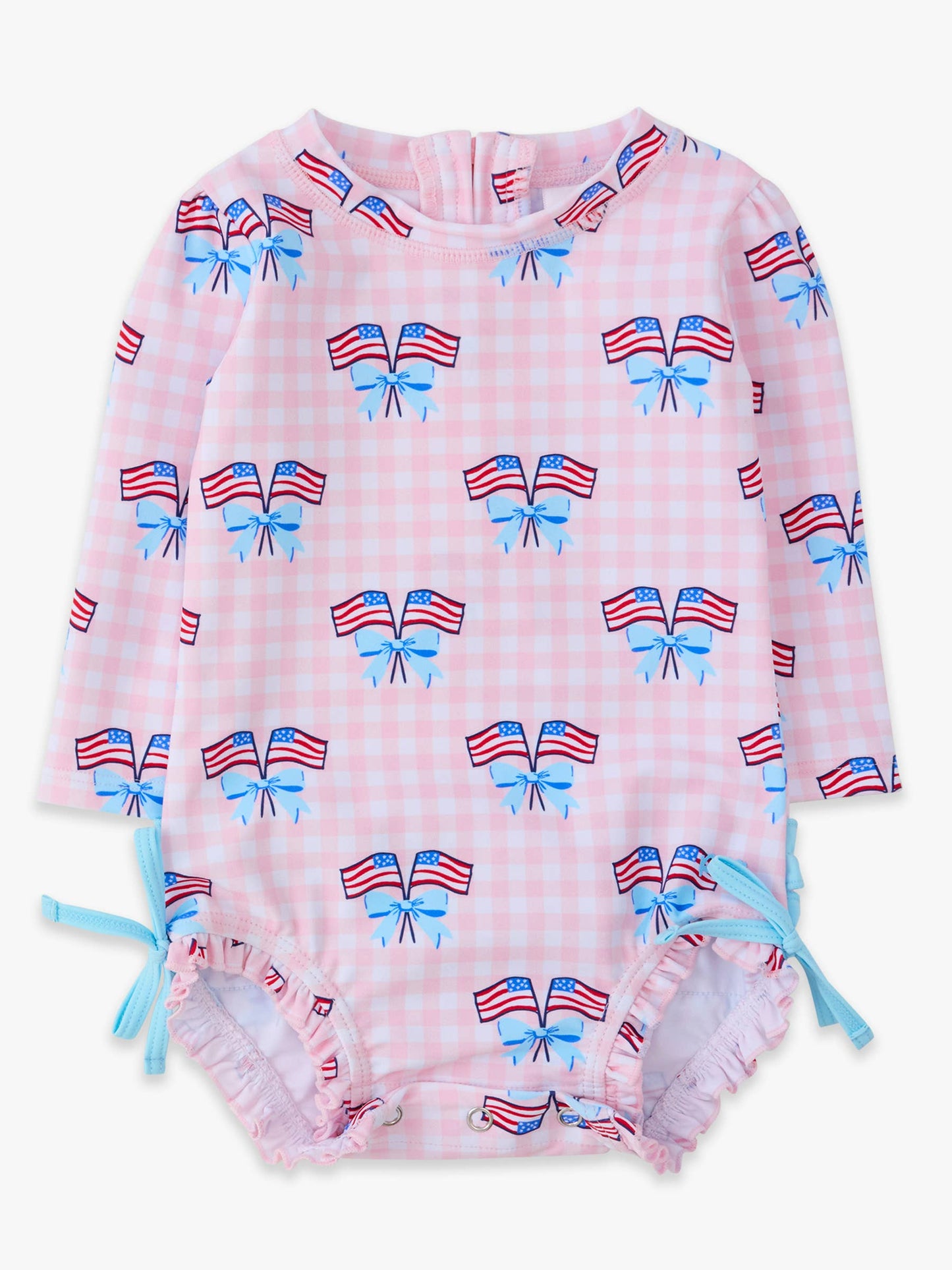Baby Girls Pink Patriotic Gingham Long Sleeve One Piece Rash Guard Swimsuit with Signature Rear Ruffles
