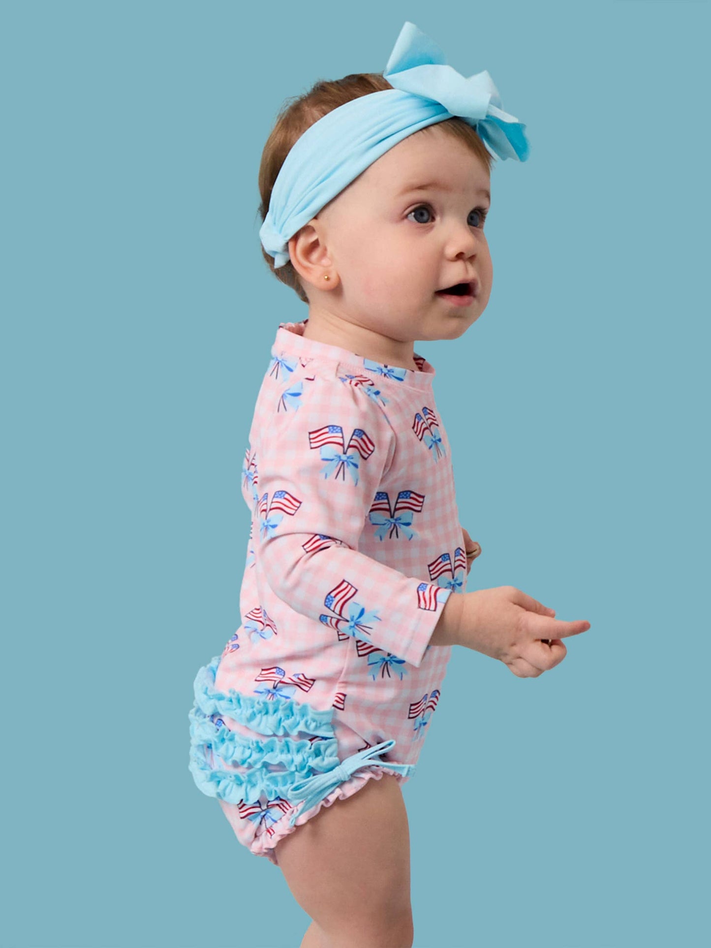 Baby Girls Pink Patriotic Gingham Long Sleeve One Piece Rash Guard Swimsuit with Signature Rear Ruffles