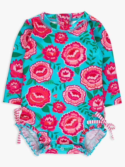 Baby Girls Bright Blossoms Long Sleeve One Piece Rash Guard Swimsuit with Signature Rear Ruffles