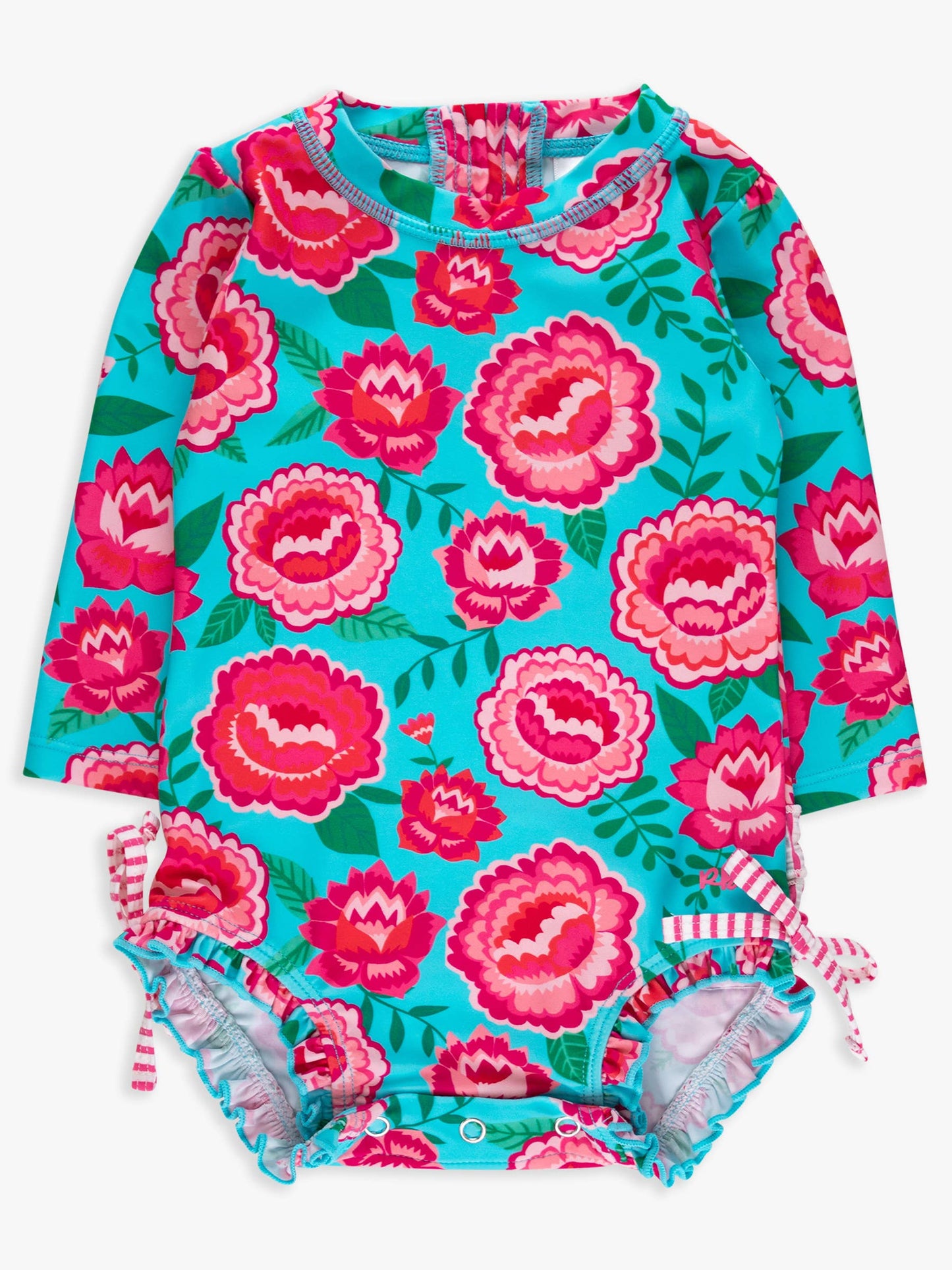 Baby Girls Bright Blossoms Long Sleeve One Piece Rash Guard Swimsuit with Signature Rear Ruffles