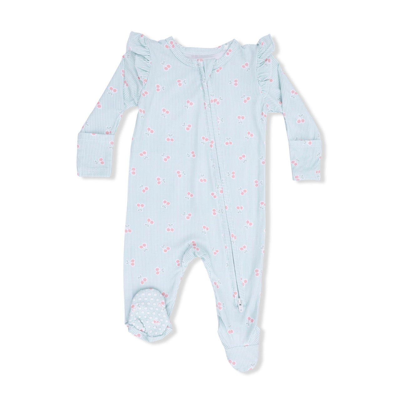 Bamboo Ruffle Sleeve Footie- Cherry Stripe