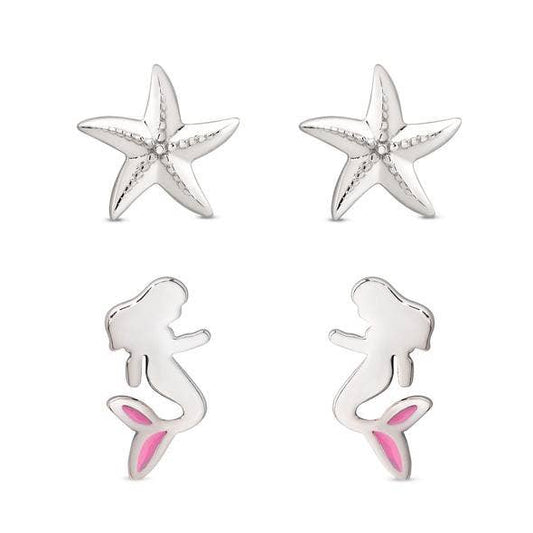 Mermaid And Starfish Stud Set - Sterling Silver