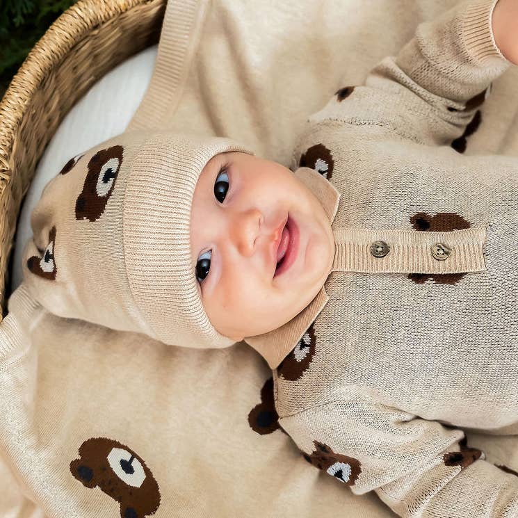 Bear Sweater Knit Round Baby Beanie Cap (Organic Cotton)