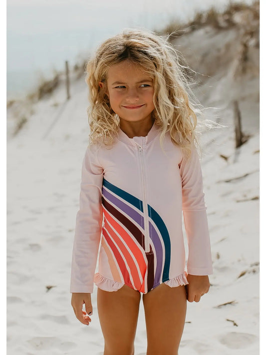 Pink Rainbow Zip Rash Guard One Piece Swimsuit