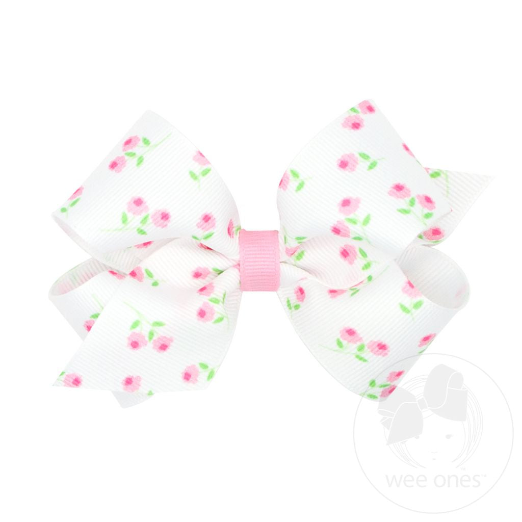 Medium Rose-patterned Printed Grosgrain Hair Bow