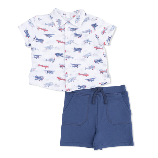 Organic Muslin Polo/Short Set- Airplanes