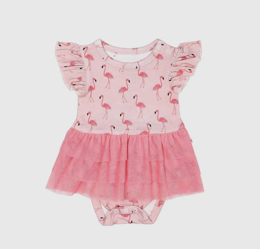 Fancy Flamingo Bamboo and Tulle Skirted Onesie