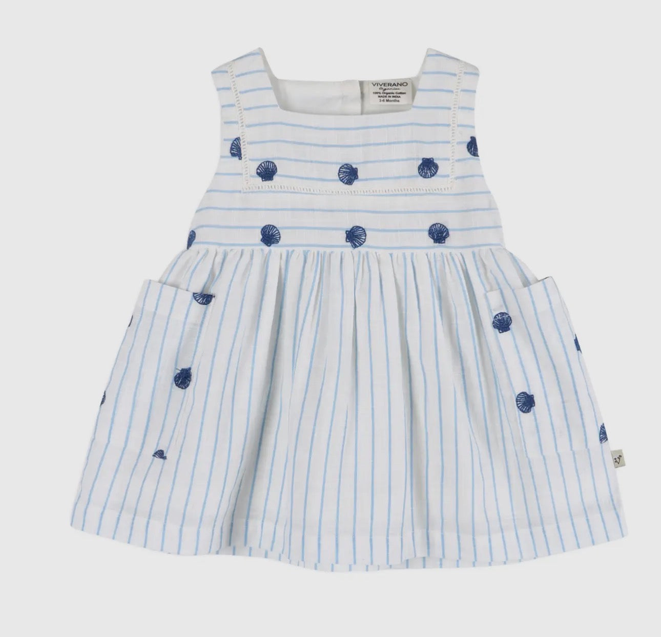 Organic Cotton Dress- Embroidered Seashell Stripe