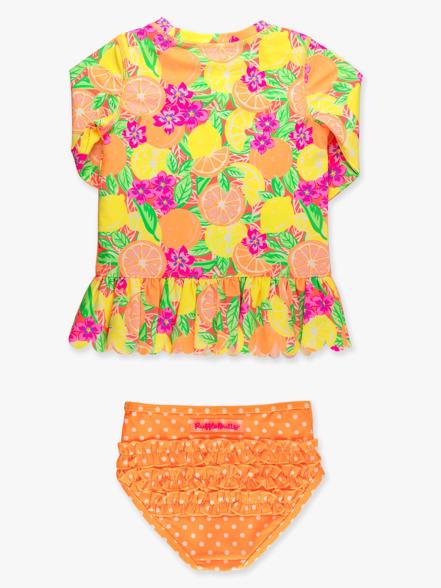 Girls Neon Squeeze the Day Scallop Hem Long Sleeve Rash Guard 2-Piece Swimsuit with Signature Rear Ruffles