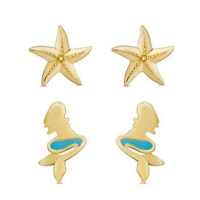 Mermaid And Starfish Stud Set - Sterling Silver