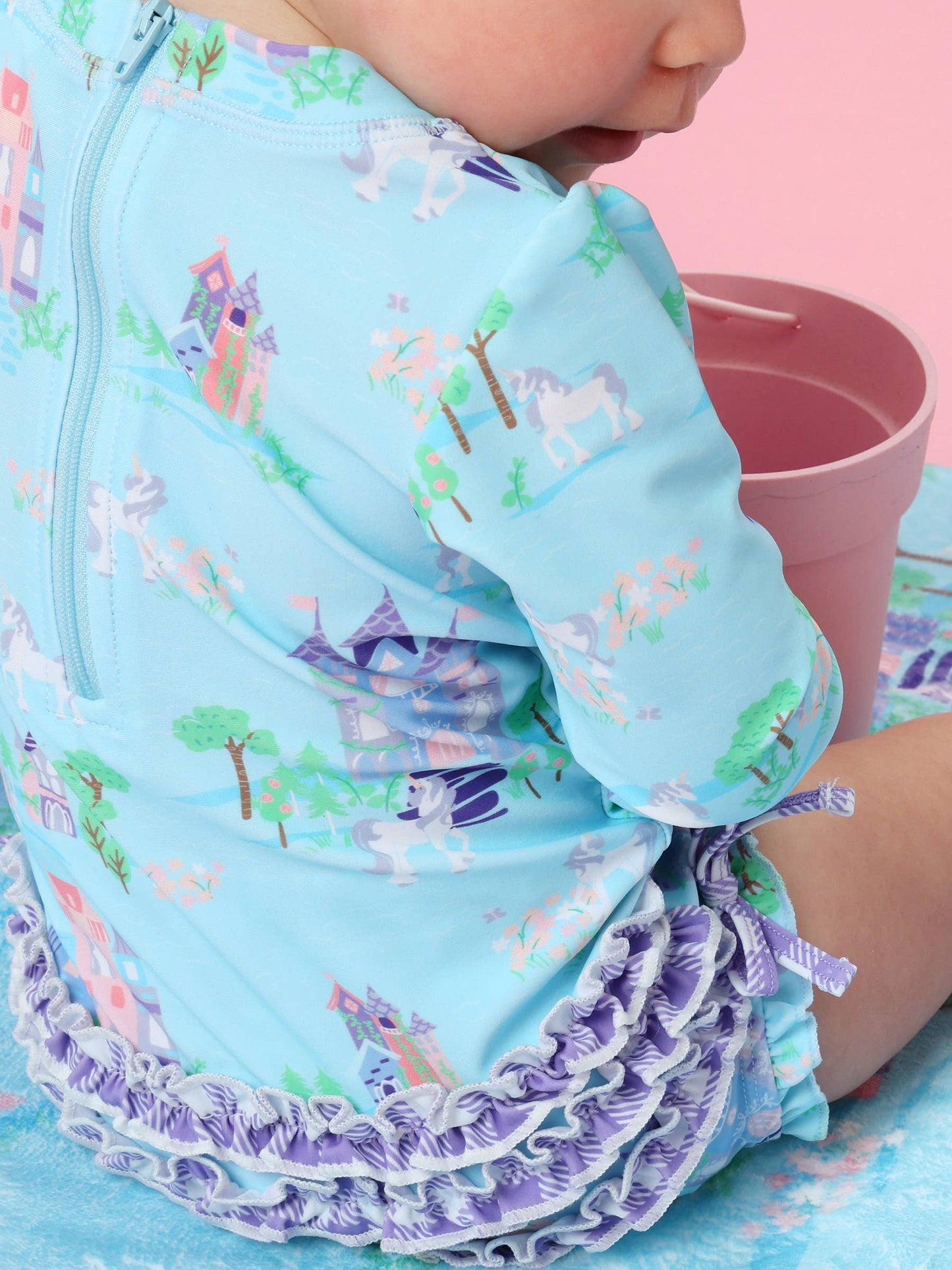Baby Girls Once Upon a Castle Long Sleeve One Piece Rash Guard Swimsuit with Signature Rear Ruffles