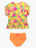 Girls Neon Squeeze the Day Scallop Hem Long Sleeve Rash Guard 2-Piece Swimsuit with Signature Rear Ruffles