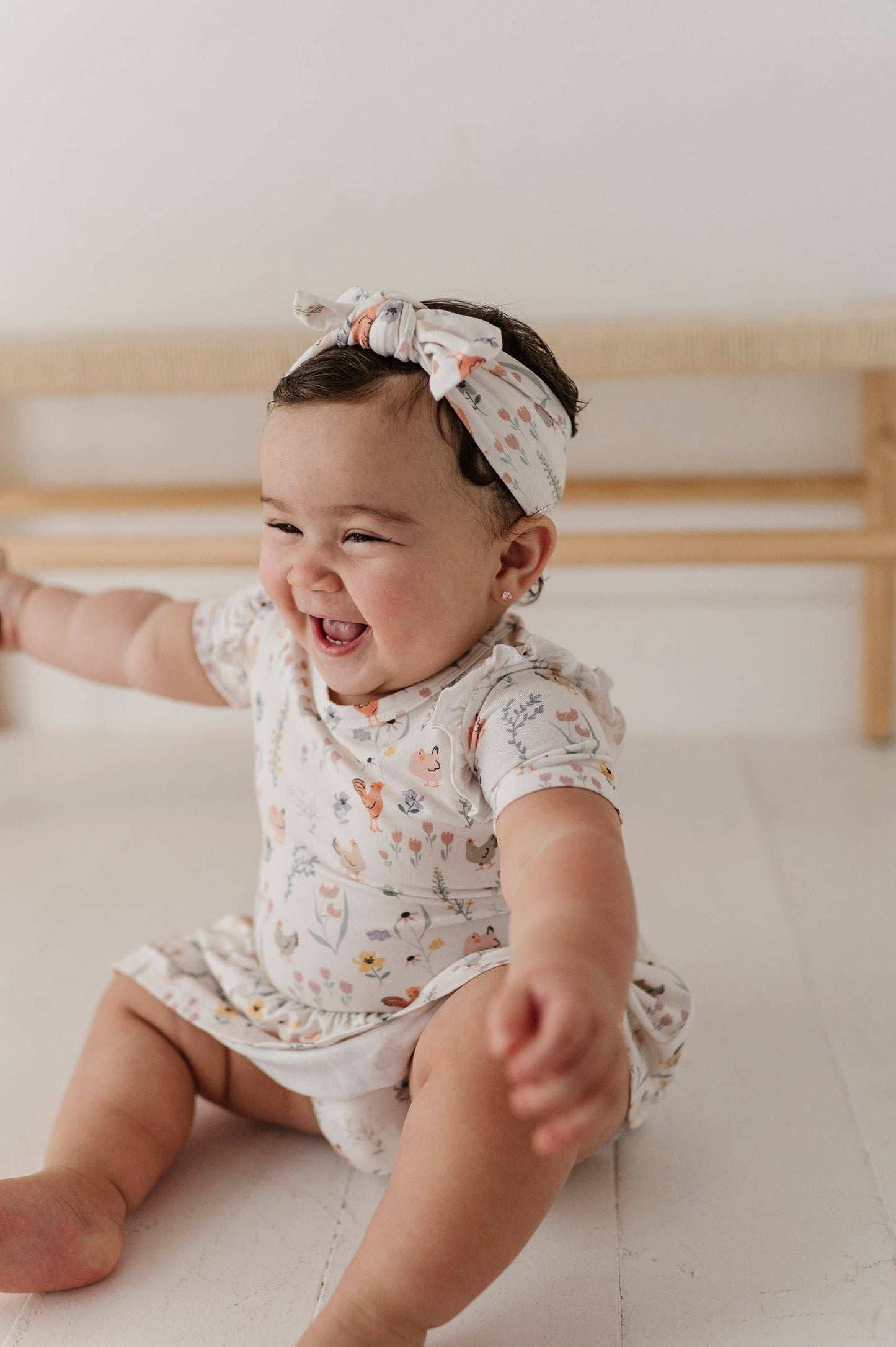 Bamboo Bodysuit Dress/Headband Set- Floral Chickens