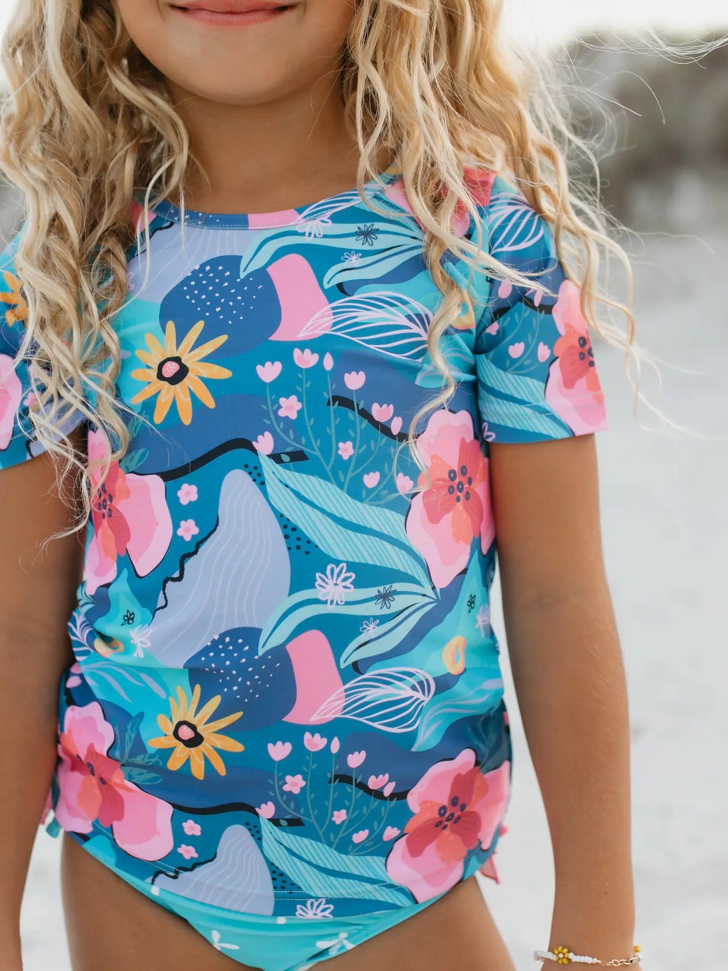 Blue Coral Abstract Rash Guard Ruffle Swimsuit