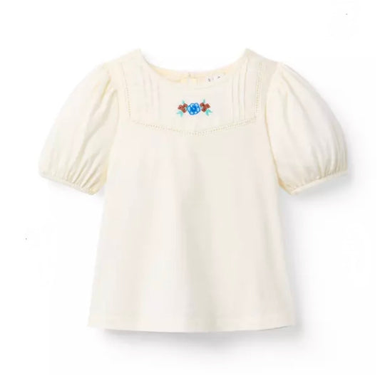 Embroidered Floral Puff Sleeve Top